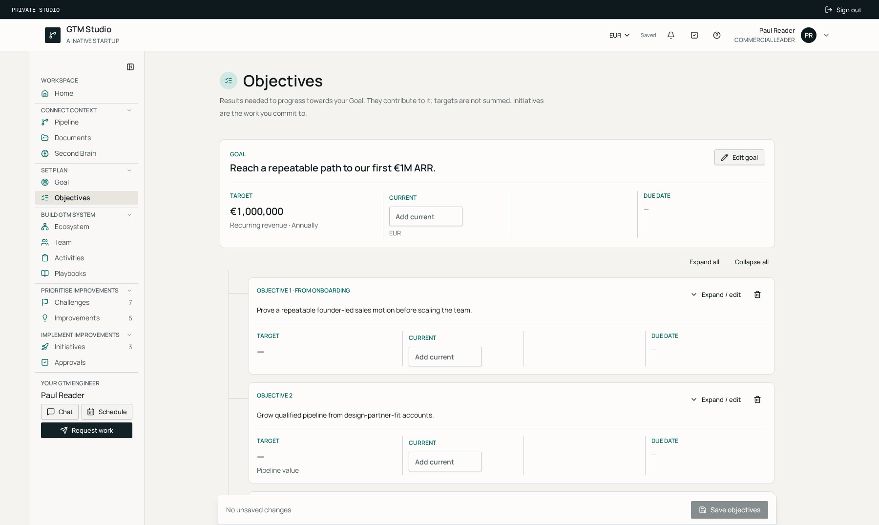 GTM Studio Objectives page from the AI Native Startup demo Studio, showing the first-€1M-ARR Goal with its Target, Current and Due-date fields and the Objectives beneath it